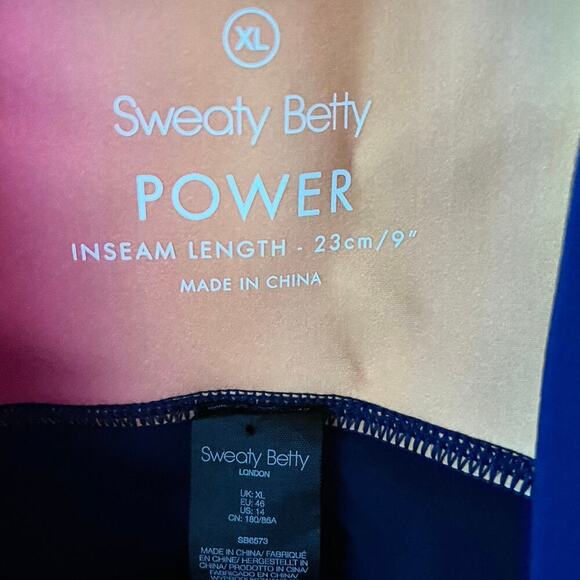 Sweaty Betty Power 9” Biker Shorts Navy Blue Rainbow Trim Pocket XL High Waist - Picture 8 of 8